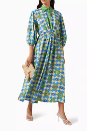 Travel Around The World Unique Print Balloon Sleeve Belt Shirt Midi Dress