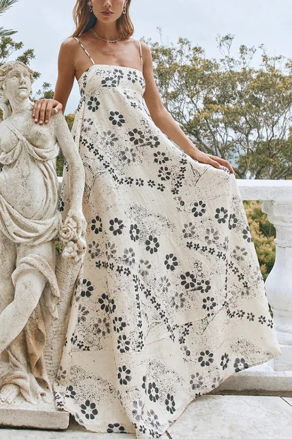 Robe longue dos nu à bretelles et imprimé floral en mélange de lin