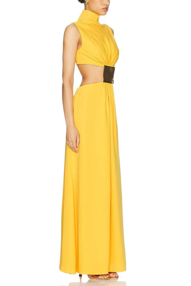 Avery High Neck Metal Decoration Cutout Waist Maxi Dress