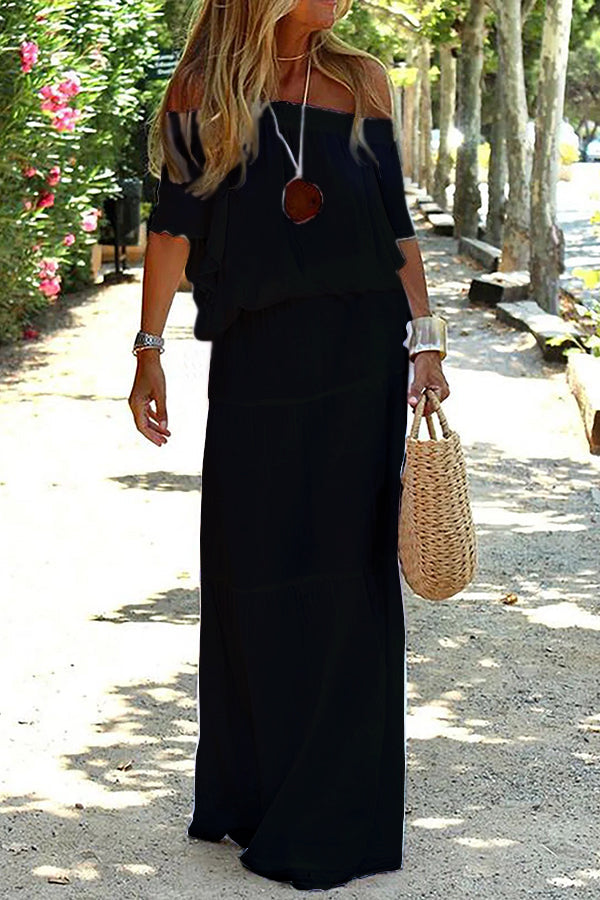 Robe longue de plage décontractée à épaules dénudées et couleur unie