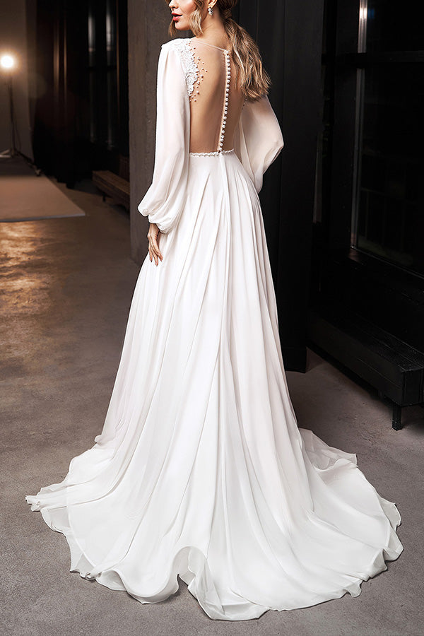 V Neck Long Sleeve Backless Wedding Dress Slim Slit Long Skirt