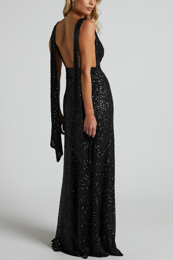 Robe longue extensible à paillettes scintillantes, col bénitier, dos nu et fente