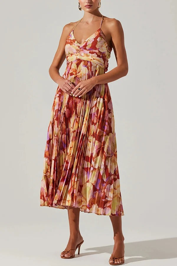 Robe mi-longue plissée à imprimé floral et à nouer dans le dos pour la saison des fêtes de mariage