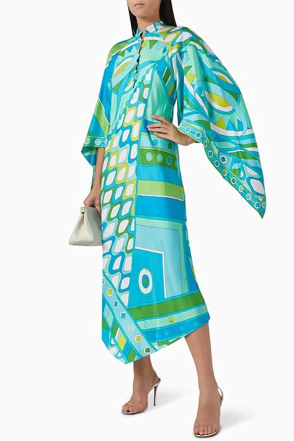 Narah Satin Unique Print Stand Neck Buttons Butterfly Sleeves Kaftan Maxi Dress