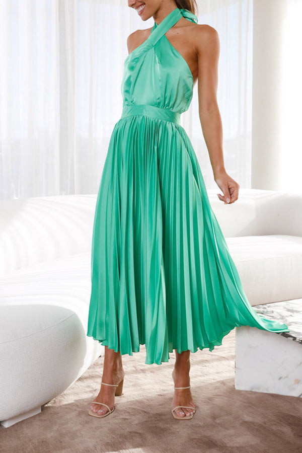 Beaming Smile Satin Halter Neck Pleated Midi Dress