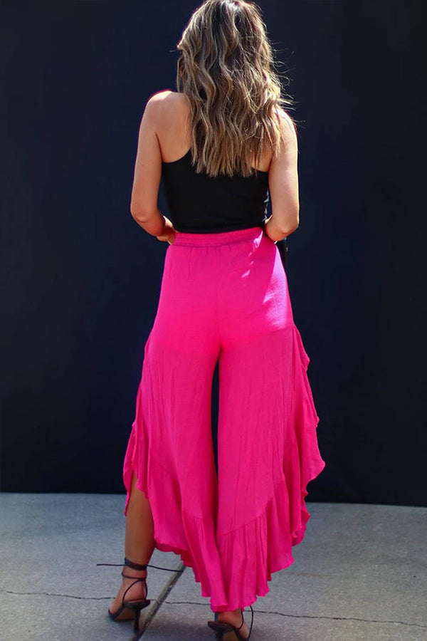 Rose Ruffle Slit High Waist Wide Leg Pants