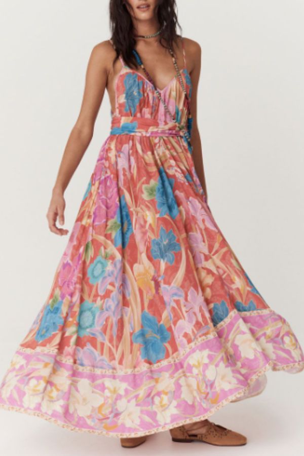 Painter's Garden Boho Floral Print Strappy A-line Maxi Dress