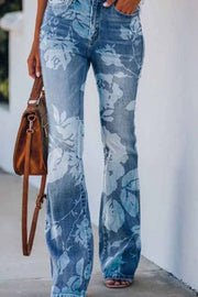 On A Drive Printed Faux Denim High Rise Flare Pants