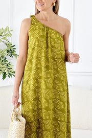 Olive Asymmetrical Leaf Dress