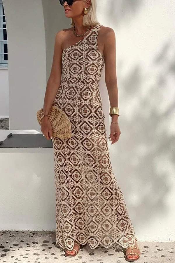 Obsessed with Beauty Crochet Lace One Shoulder Maxi Dress