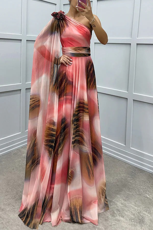 Robe longue à imprimé floral unique Lucia, asymétrique, manches drapées