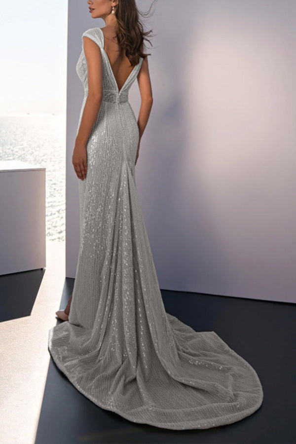 V-neck slim wrap hip gown with sequins and slits