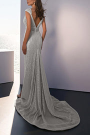 V-neck slim wrap hip gown with sequins and slits