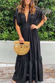 Black Drawstring Pleated Kimono Sleeve Ruffle Maxi Dress