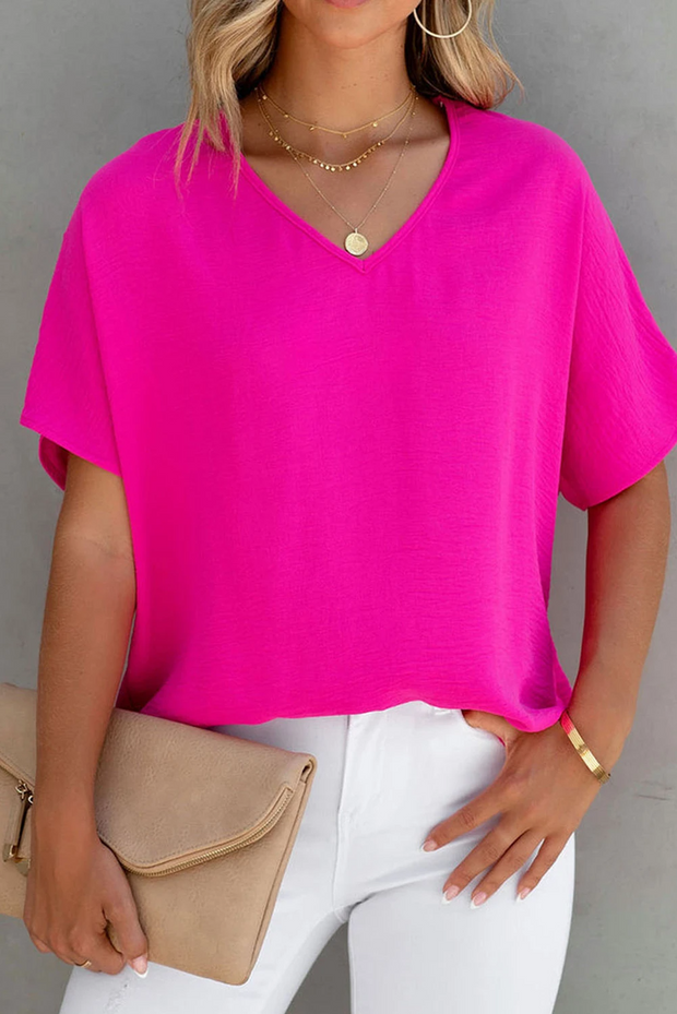 Solid Color V Neck Short Sleeve Blouse