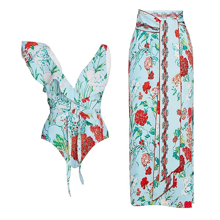 Maillot de bain et jupe imprimés à une épaule 
