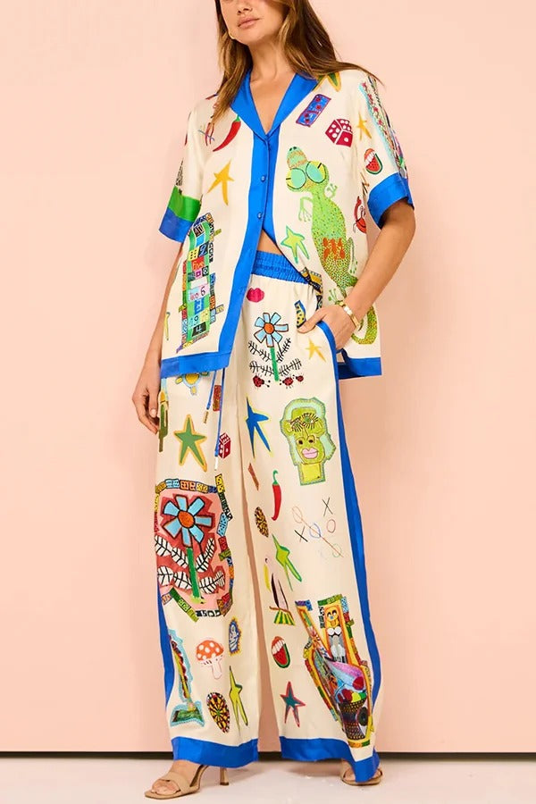 Lebendige Strand-Satin-Übergröße-Bluse mit einzigartigem Druck und Colorblock-Besatz