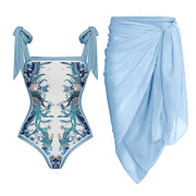 swimgirls Blue Reversible Bowknot Tie-shoulder One Piece Swimsuit and Sarong/Skirt