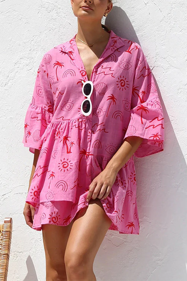 Flare Sleeves Button Down Graffiti Print Ruffle Shirt Dress