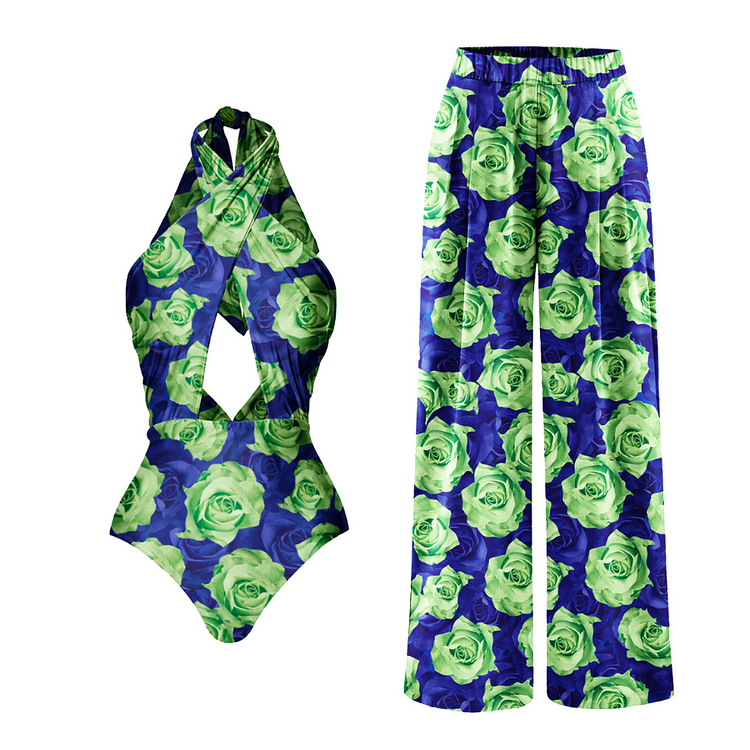 Maillot de bain une pièce à imprimé rose bleu vert et découpes à col suspendu 