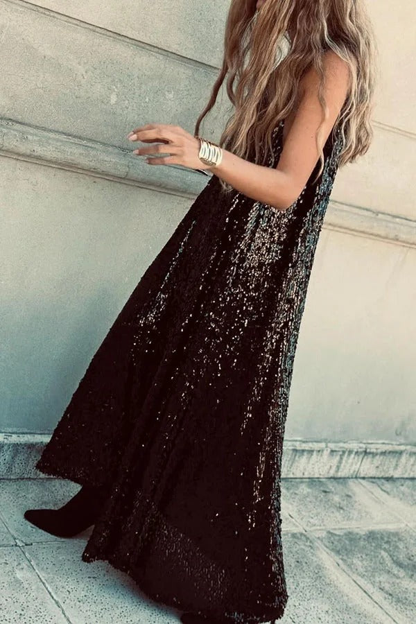 Twas The Night Sequin Round Neck Sleeveless Drape Loose Maxi Dress
