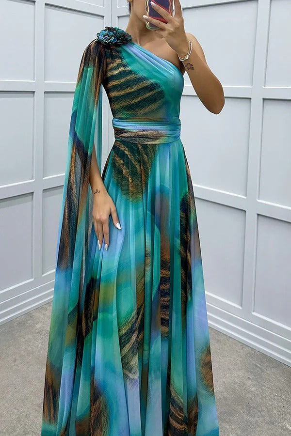 Lucia Unique Print Floral Detail One Shoulder Draped Sleeve Gown Maxi Dress