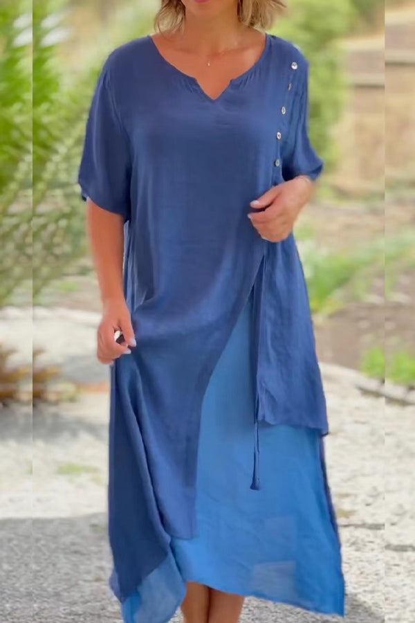 Fashion V Neck Short Sleeves Fake Two Piece Asymmetric Dress