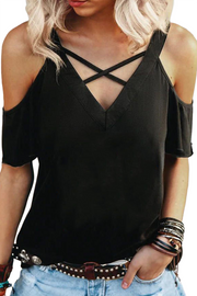 Black Criss Cross V Neck Cold Shoulder T-shirt