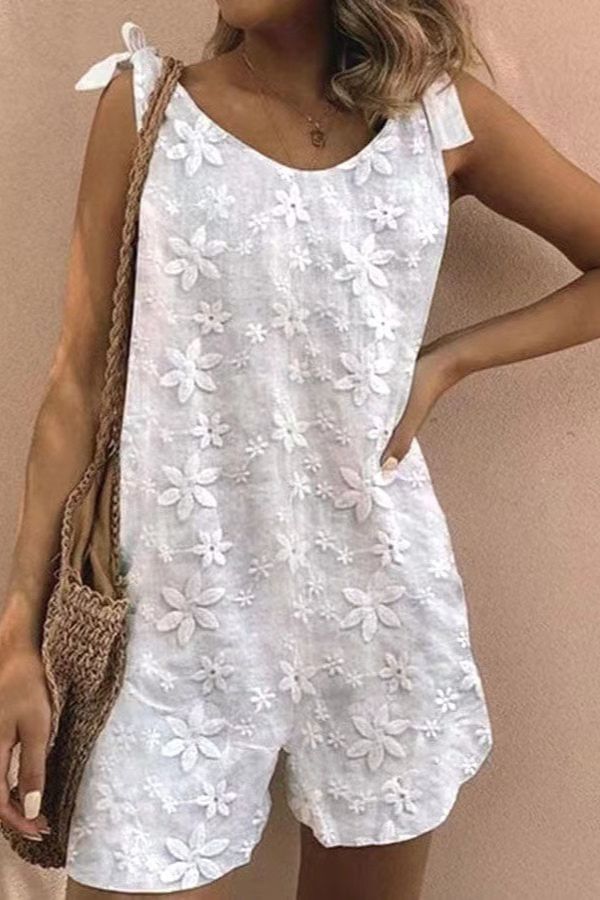 Embroidered floral lace-up tank top romper