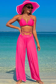 Solid color halter neck trousers three-piece swimsuit