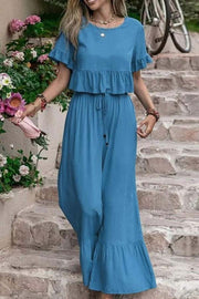 Casual loose solid color short-sleeved wide-leg pants two-piece set