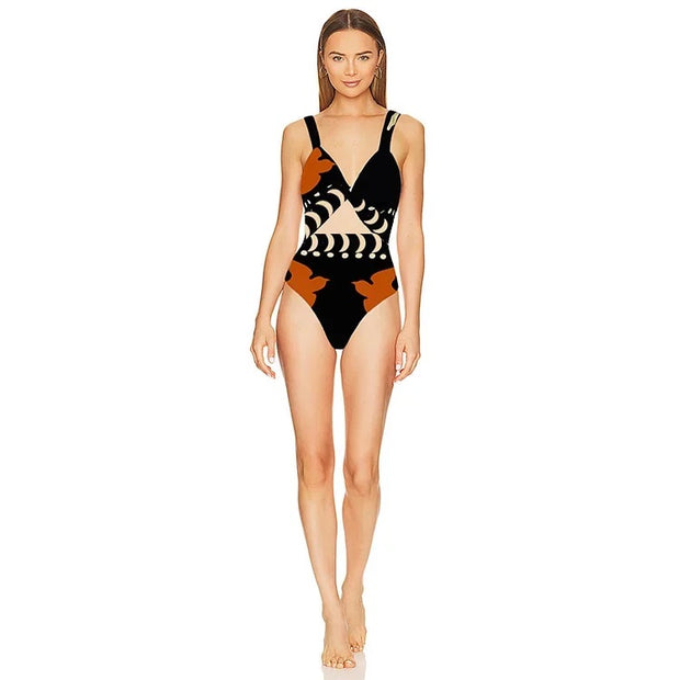 V Neck Cut Out Printed One Piece Swimsuit and Skirt