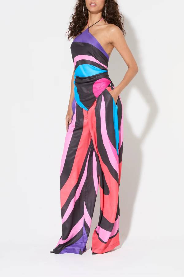 Jodie Unique Print Halter Scarf Tank and Elastic Waist Pocketed Wide Pants Set