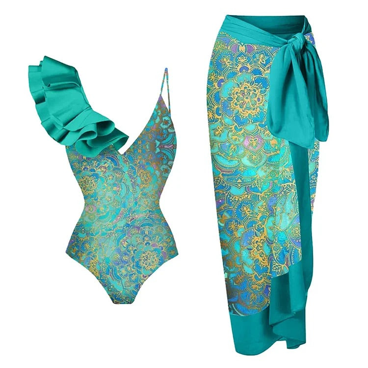 Maillot de bain une pièce à volants et col en V imprimé vintage swimgirls et paréo 
