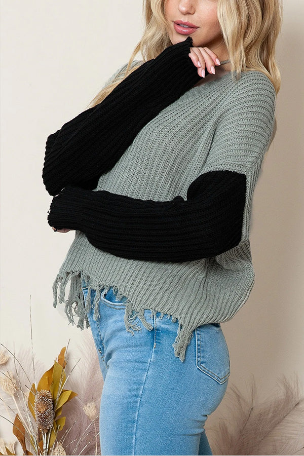 Casual Tassel Hem Pullover V Neck Sweater