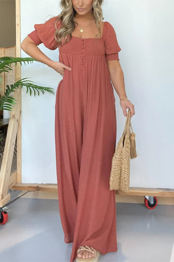2024 NEW SQUARE NECKLINE JUMPSUIT WITH SMOCKED BODICE BUTTON (BUY 2 FREE SHIPPING)