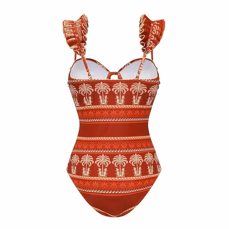 Maillot de bain une pièce à volants et découpes, imprimé fleurs d'eucalyptus, avec jupe 