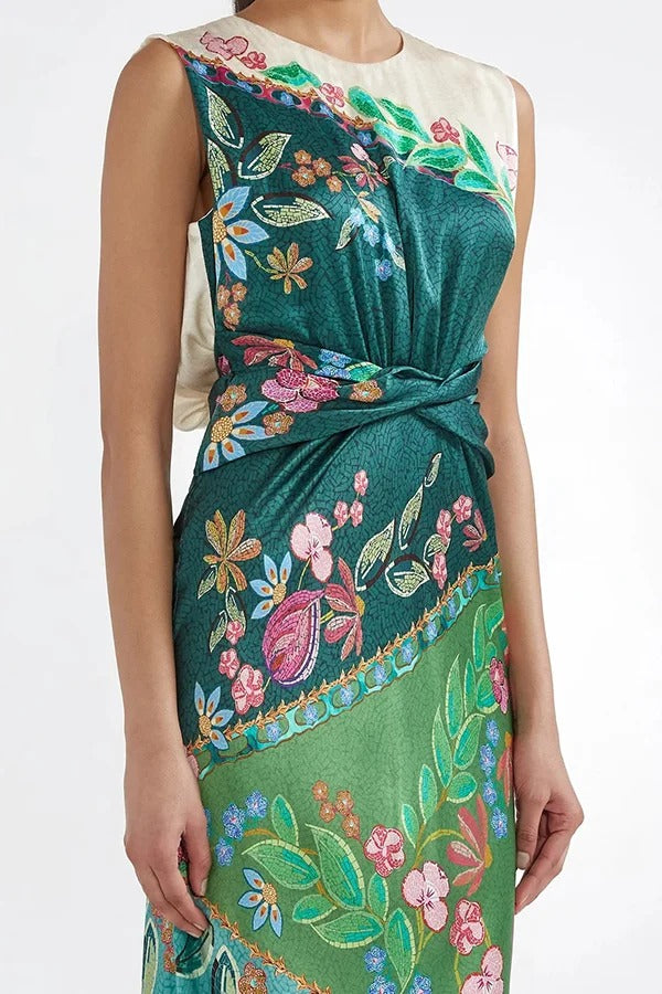Gwen Satin Unique Print Round Neck Twisted Waist Maxi Dress