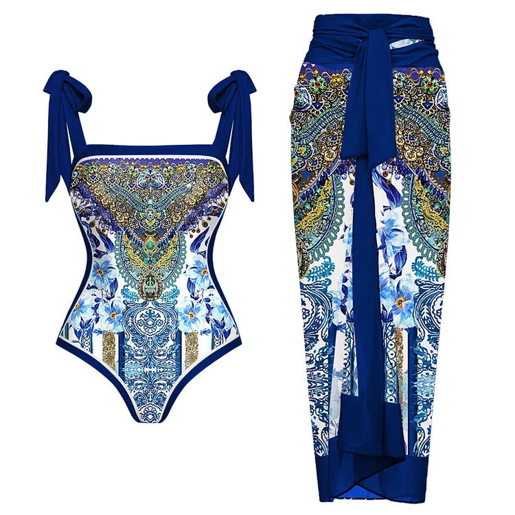 swimgirls Wendbarer Badeanzug mit Schleife und Schulterschnürung, einteilig, und Sarong 
