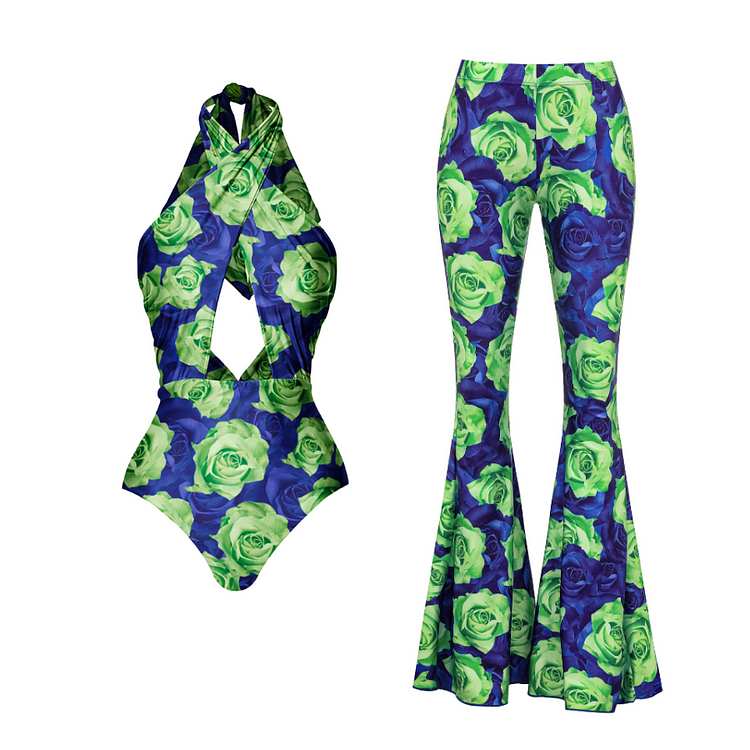 Maillot de bain une pièce à imprimé rose bleu vert et découpes à col suspendu 