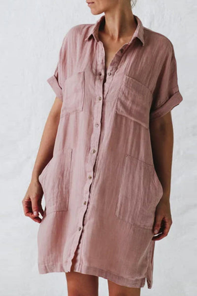 Cotton Linen Long Sleeve Irregular Pocket Dress Shirt Dress