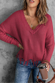 Casual Tassel Hem Pullover V Neck Sweater