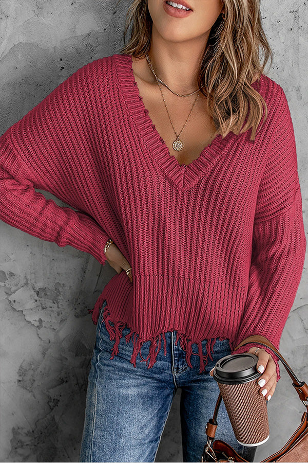 Casual Tassel Hem Pullover V Neck Sweater