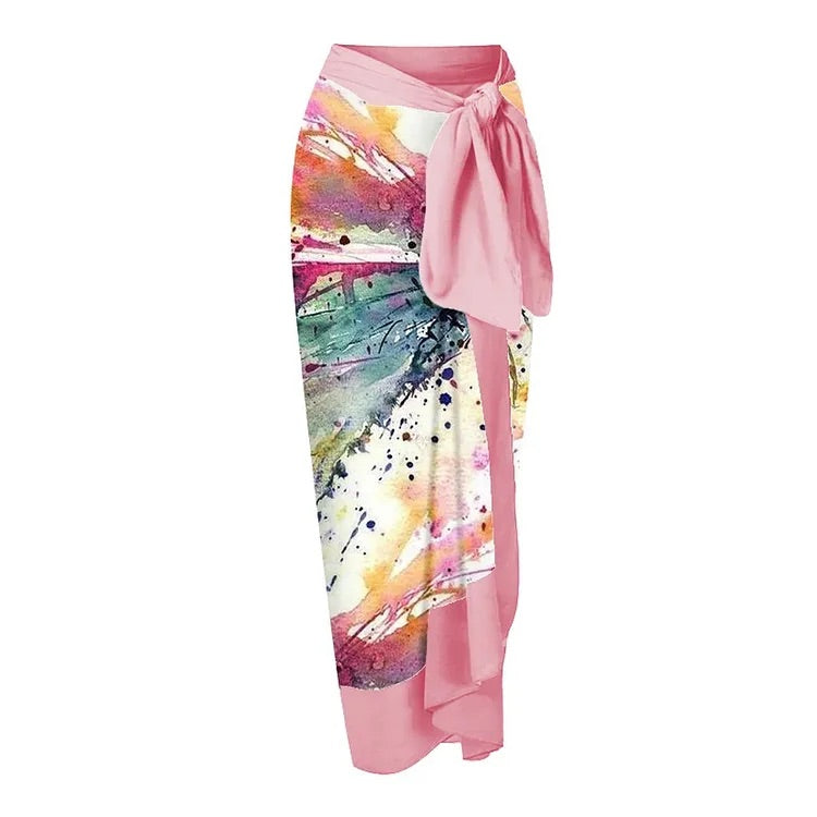 Maillot de bain une pièce à volants et col en V, imprimé papillon abstrait, et paréo 