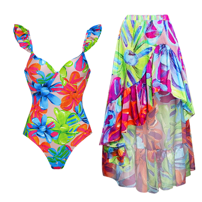 Floral Printed One Piece Swimsuit and Skirt