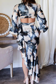 Ready for A Formal Night Tie Dye Print Gorgeous Ruffles Backless Slit Maxi Dress