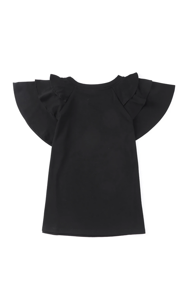 Black Plain Tiered Ruffle Casual Round Neck T Shirt