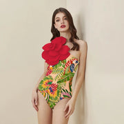 swimgirls Exaggerated 3D Flower Printed One Piece Swimsuit and Sarong