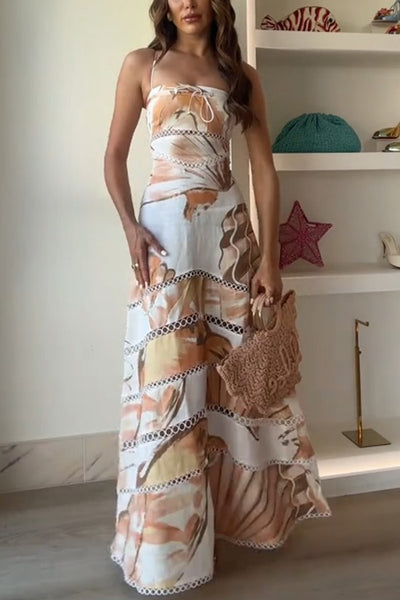 Daje Linen Blend Unique Print Round Hollow Trim Tie-up Bust Slip Maxi Dress