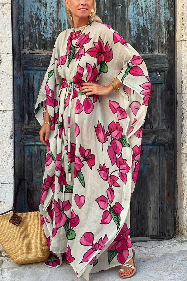 Robe longue ample à imprimé floral et manches dolman avec ceinture 